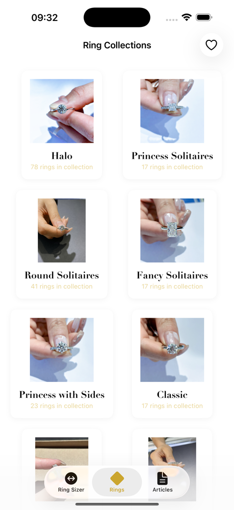 AuraLume Ring Sizer - Schermata dell'app che mostra varie collezioni di stili di anelli come Solitari Halo e Principessa.