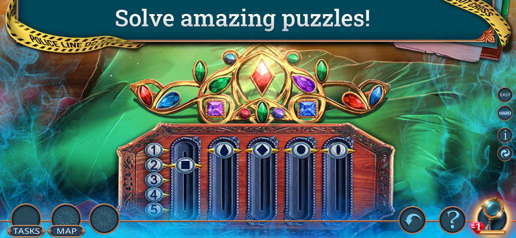 Unsolved Case: Episode 2 - F2P - Una pantalla de juego de detectives que muestra un acertijo lógico con una tiara dorada enjoyada y varios deslizadores de símbolos.