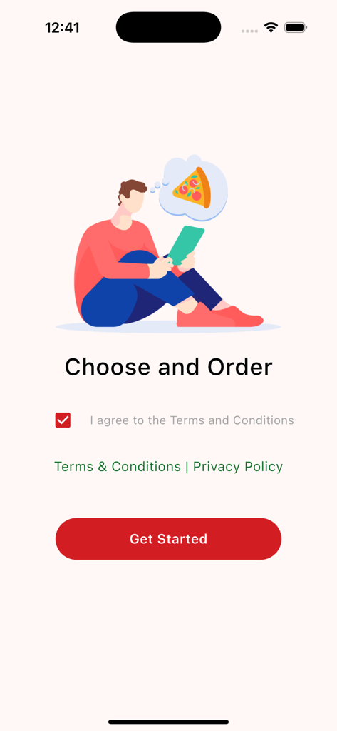 Tela de integração do aplicativo Taqueria El Sabrosito com o texto Escolha e Peça e um botão Começar