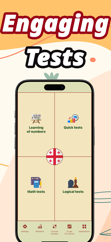 Numbers in Georgian language - El menú principal de la app Números en georgiano que presenta cuatro modos de prueba diferentes, incluyendo pruebas matemáticas y lógicas