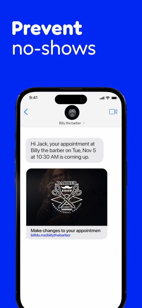 Appointment Scheduler: Billdu - iPhone screen showing an automated SMS appointment reminder for a barber to prevent customer no-shows