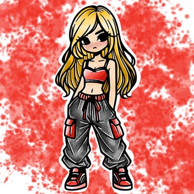 girl in a crop top baggy pants and long hair