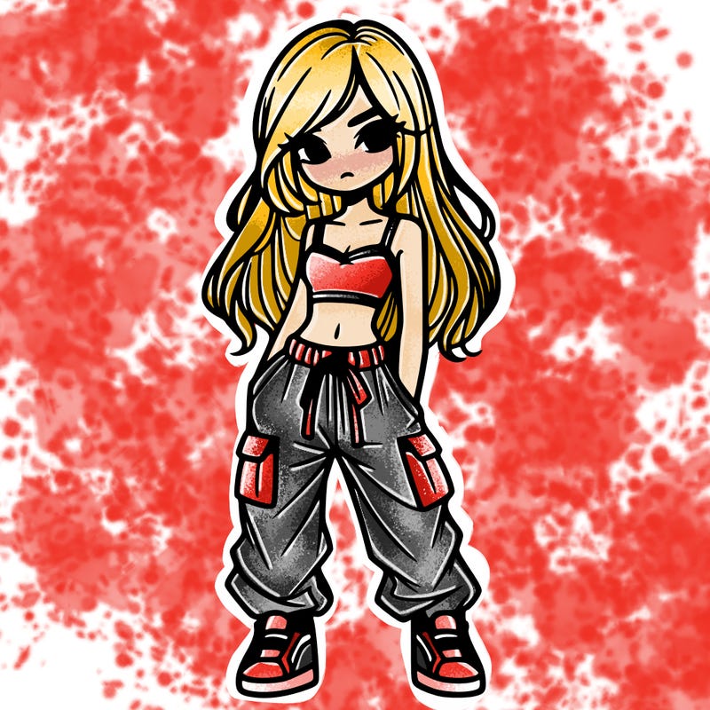 girl in a crop top baggy pants and long hair