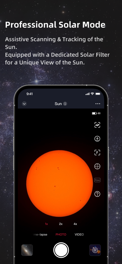 Seestar - Seestar app interface showing professional solar mode with a clear view of the sun