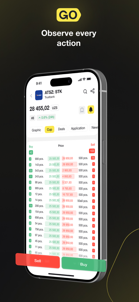 Interface de l'écran de trading de l'application d'investissement mobile GoInvest montrant le carnet d'ordres pour Trustbank