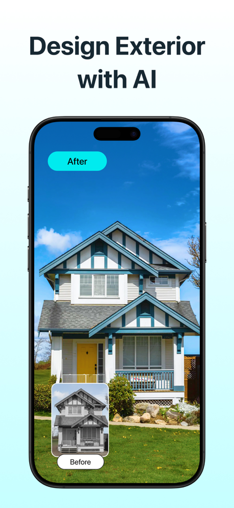 AI Home & Room Interior Design - KI-Hausdesign-App zeigt eine Transformation der Hausfassade vor und nach der Renovierung