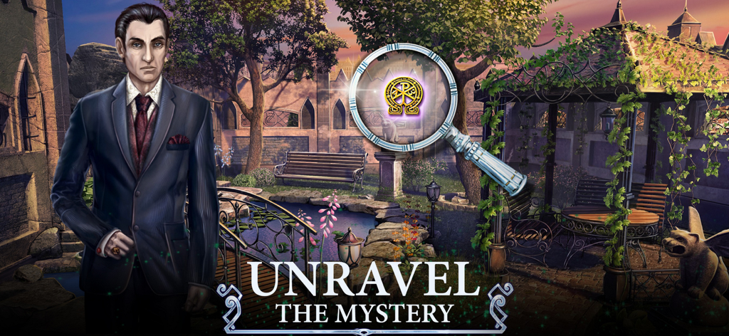 Hidden Objects: Twilight Town - Un uomo in un abito in piedi in un giardino gotico con una lente d'ingrandimento che rivela un simbolo dorato nascosto nel gioco Hidden Objects Twilight Town.