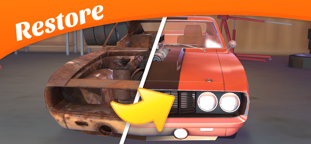 Car Mechanic - Restore Cars - Split screen showing a rusty classic car body being restored into a shiny orange muscle car