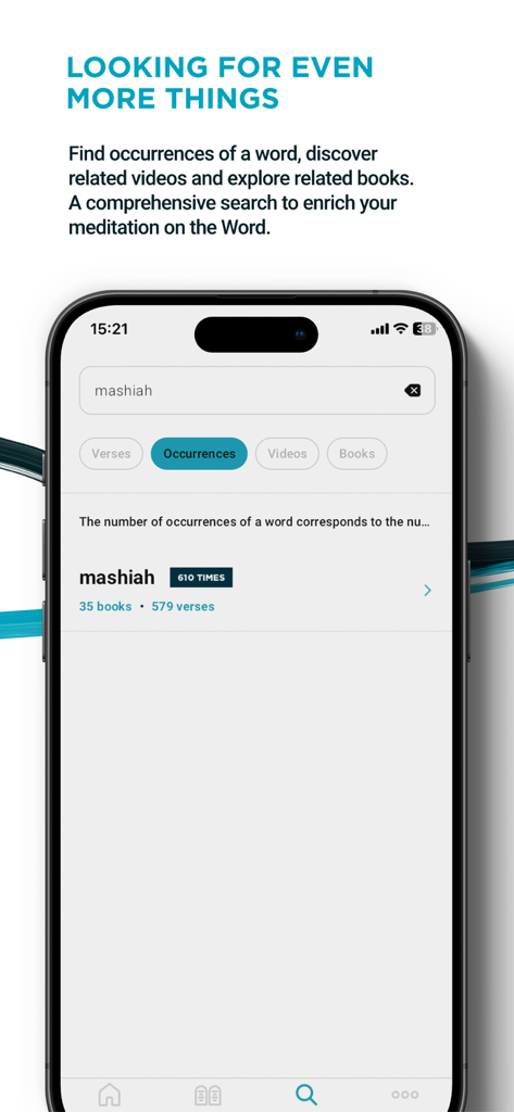 Bible de Yéhoshoua Mashiah - iPhone screen showing the search results for word occurrences in the Bible de Yehoshoua Mashiah app.