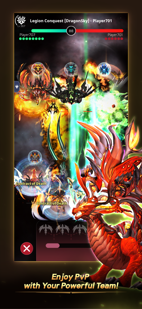 DragonSky : Idle & Merge - DragonSky Idle and Merge PvP Legion Conquest battle screen featuring powerful dragons and special effects
