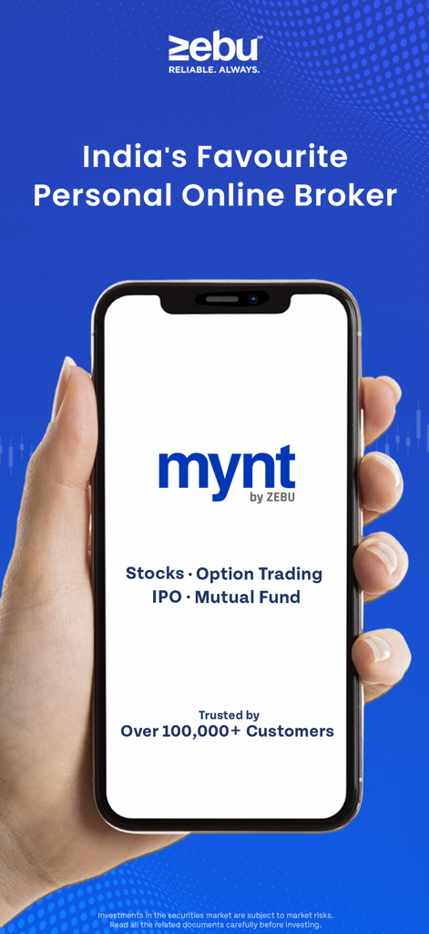 MYNT by Zebu - Invest & Trade - Una mano sosteniendo un smartphone que muestra la interfaz de la aplicación MYNT by Zebu para operar con acciones y fondos mutuos en la India