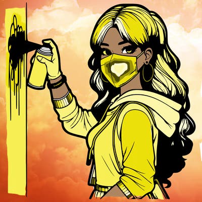 realistic girl with mask spray painting a wall