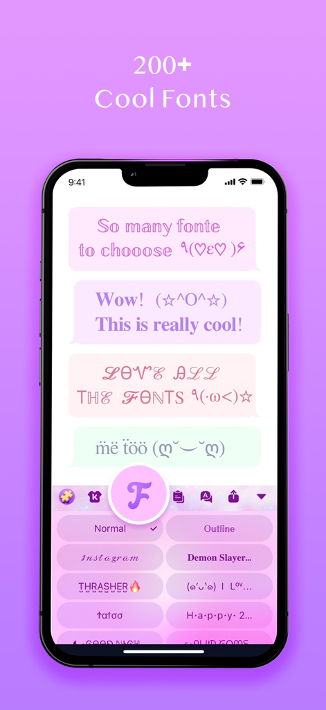Jigsaw Keyboard-win Kika Theme - Aplicación Jigsaw Keyboard mostrando fuentes personalizadas y lindos kaomojis en una interfaz rosa
