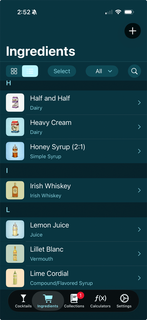 Benutzeroberfläche der Bevnap-App, die eine alphabetische Liste von Cocktail-Zutaten wie Whiskey, Saft und Sirup zeigt