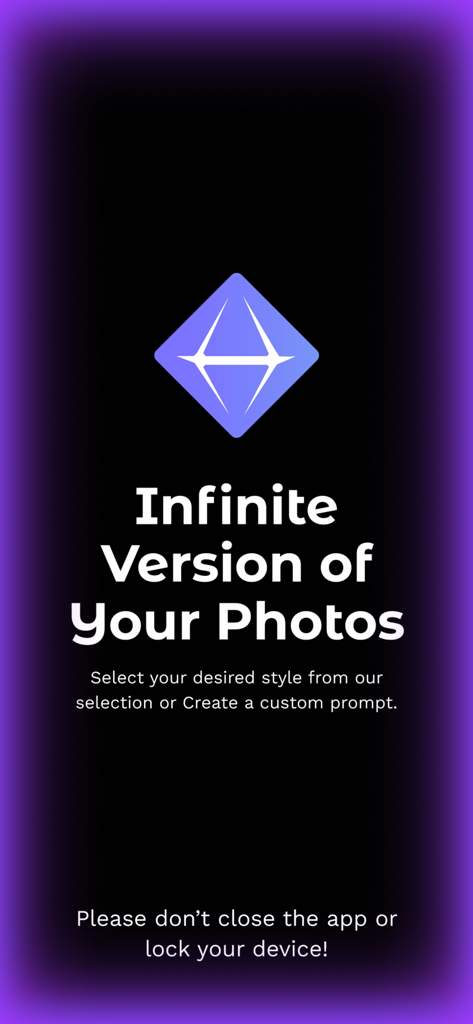 Genimage: AI Photo Remaker - Tela do aplicativo Genimage exibindo o texto Infinite Version of Your Photos com uma descrição de prompt de estilo de IA