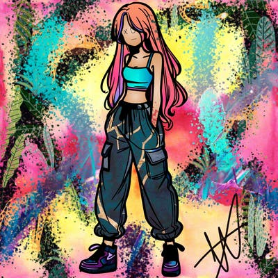 girl in baggy pants crop top and long hair