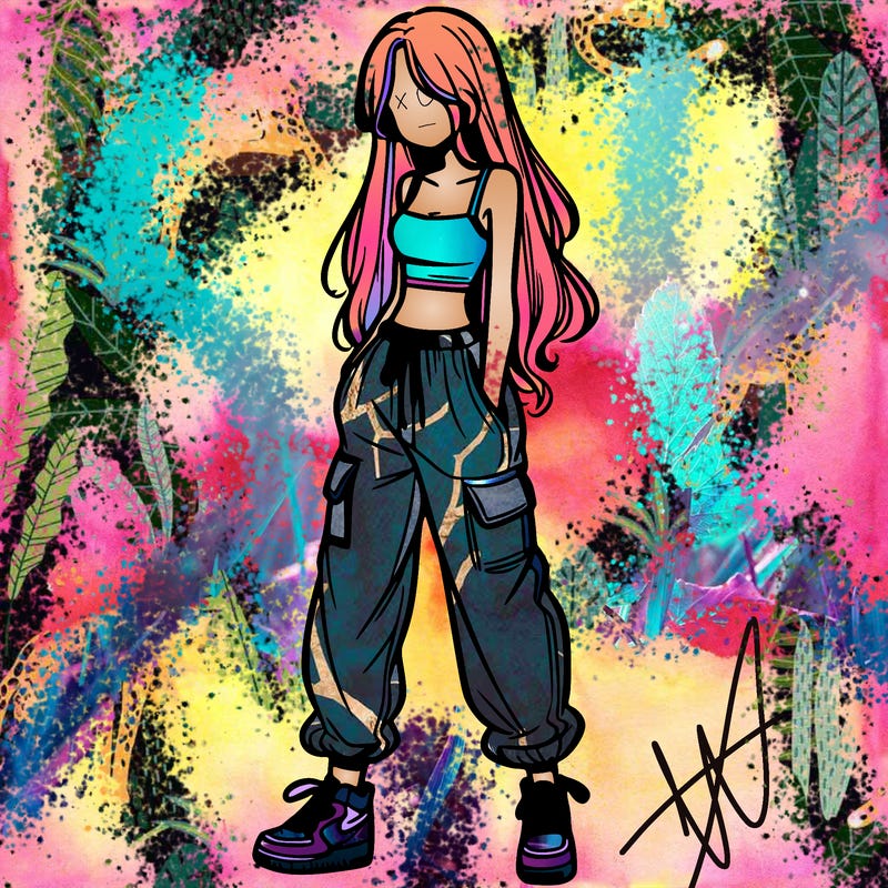 girl in baggy pants crop top and long hair