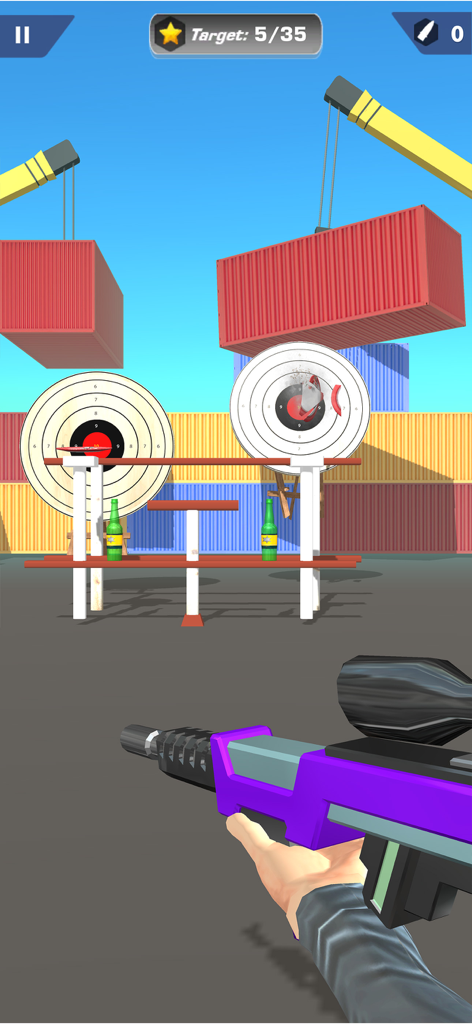 Shooting Master 3D Sniper Game - First person sniper view aiming at bullseye targets and bottles in an industrial setting