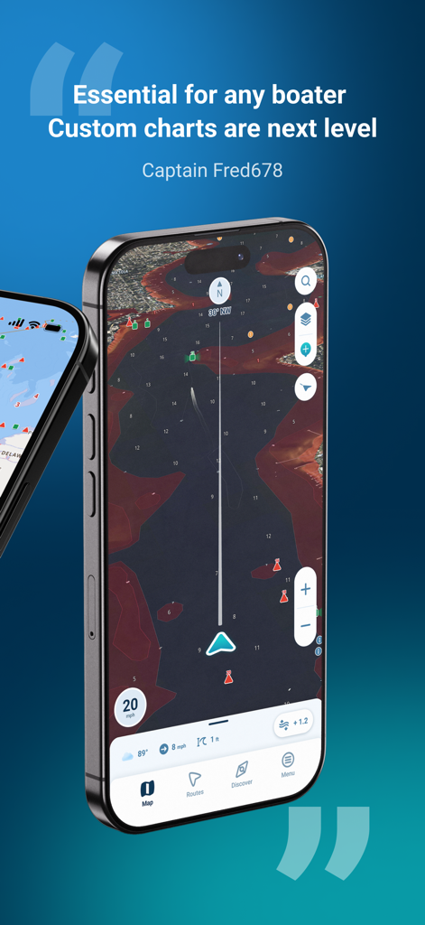 Wavve Boating: Marine Boat GPS - Smartphone screen showing Wavve Boating nautical charts and a positive user review