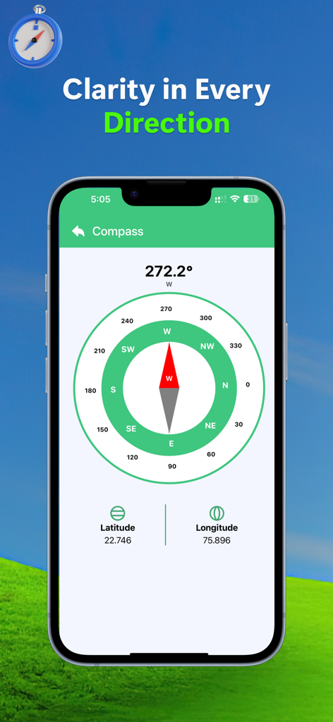 Live Location Tracker - A digital compass screen showing direction and GPS coordinates