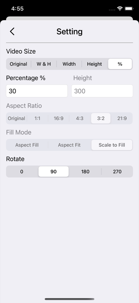 The settings interface of the Batch Videos Edit app showing controls for video size aspect ratio fill mode and rotation.