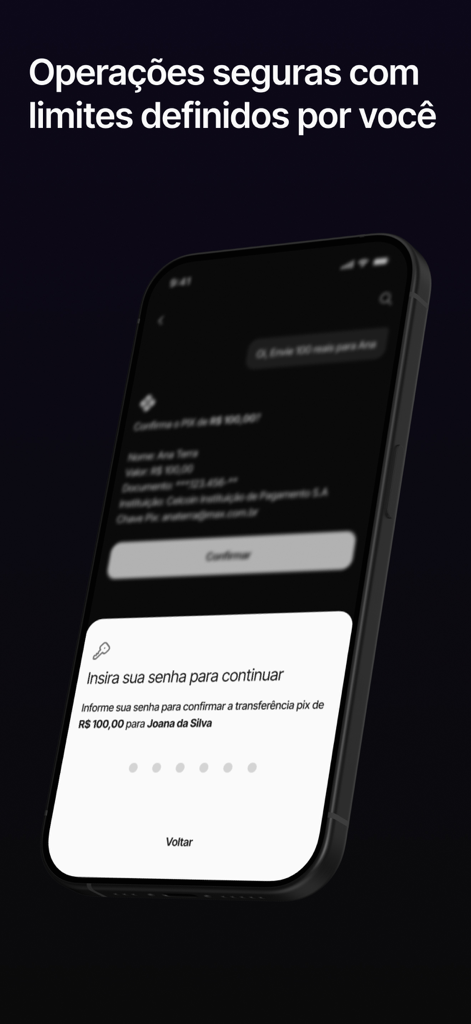 Max: Banco digital 100% por IA - Smartphone screen showing the Max AI banking app asking for a password to confirm a secure transaction