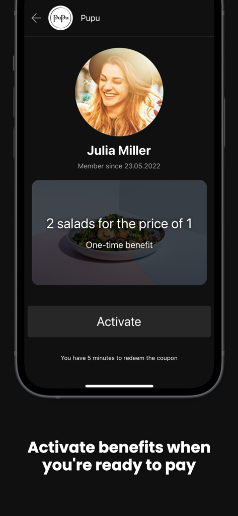 Cluby App-Oberfläche, die einen 2-für-1-Salat-Mitgliedschaftsvorteil mit einem Aktivieren-Button zeigt