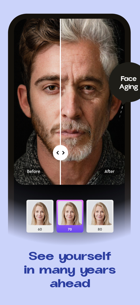 A screenshot showing the face aging filter in the Rehancer app with a before and after comparison of a man's face and options for different ages.