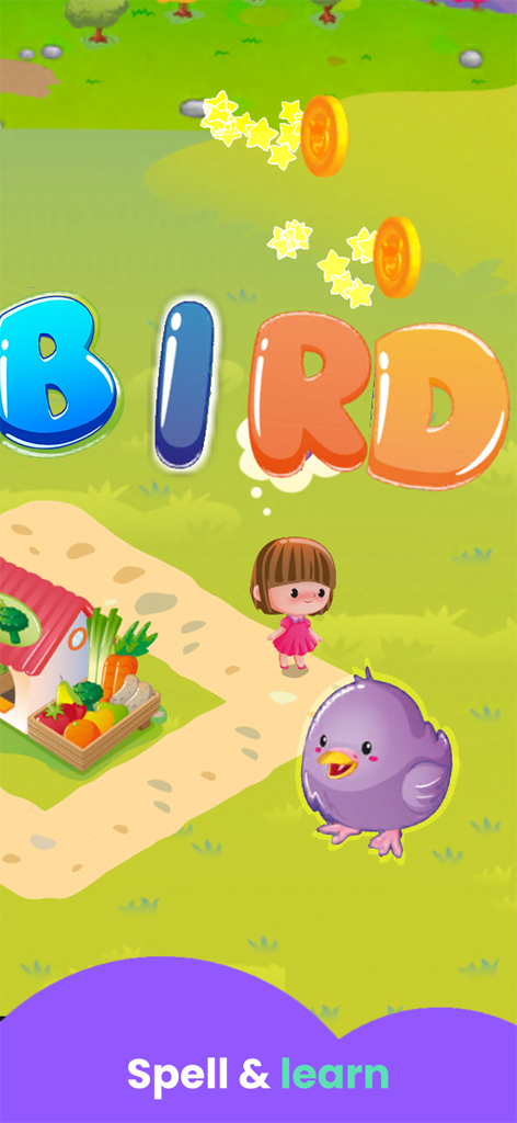 Spelling game for kids showing the word bird in colorful letters