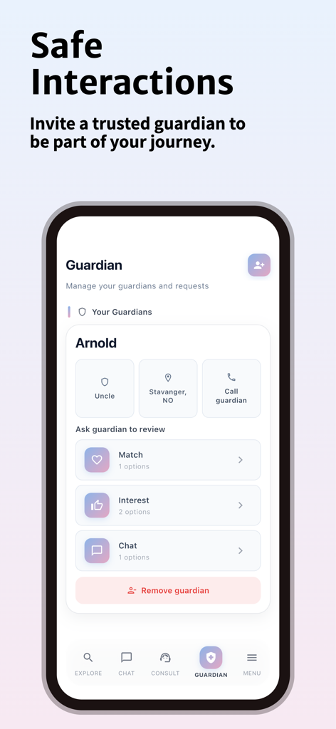 결혼 매칭 및 채팅에 대한 가족 감독을 위한 보호자 관리 기능을 보여주는 Marriage4Life 모바일 앱 화면