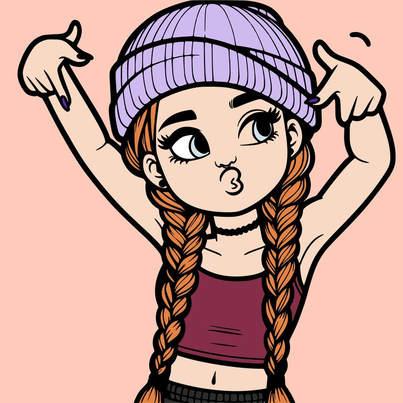realistic teenage girl with braids and a beanie and crop top doing 🫶🏼