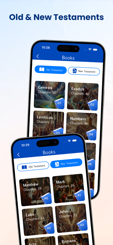 NIV Bible app interface displaying Old and New Testament book categories