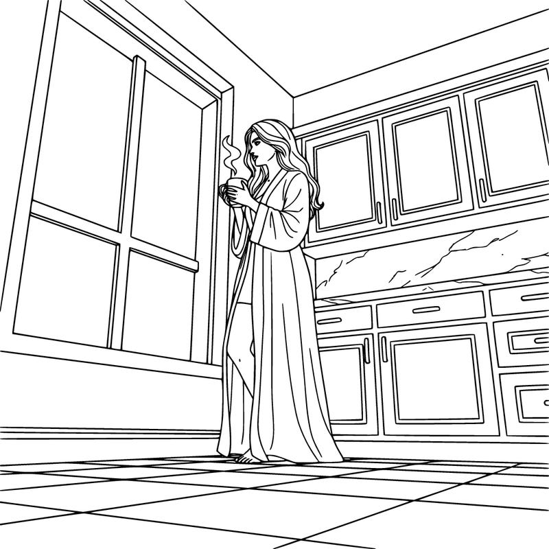 realistic woman sipping tea or coffee by a window in her kitchen. woman wearing a long robe with long hair. kitchen with tile flooring, marble countertops and wooden cabinets.
