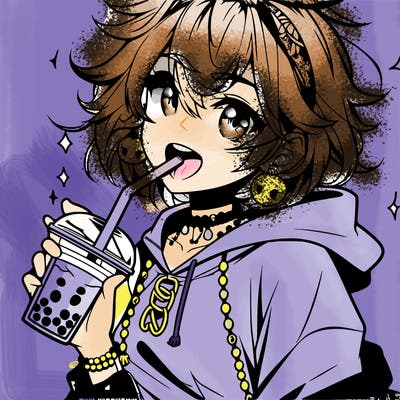 hot baddie anime girl drinking boba and biting the straw