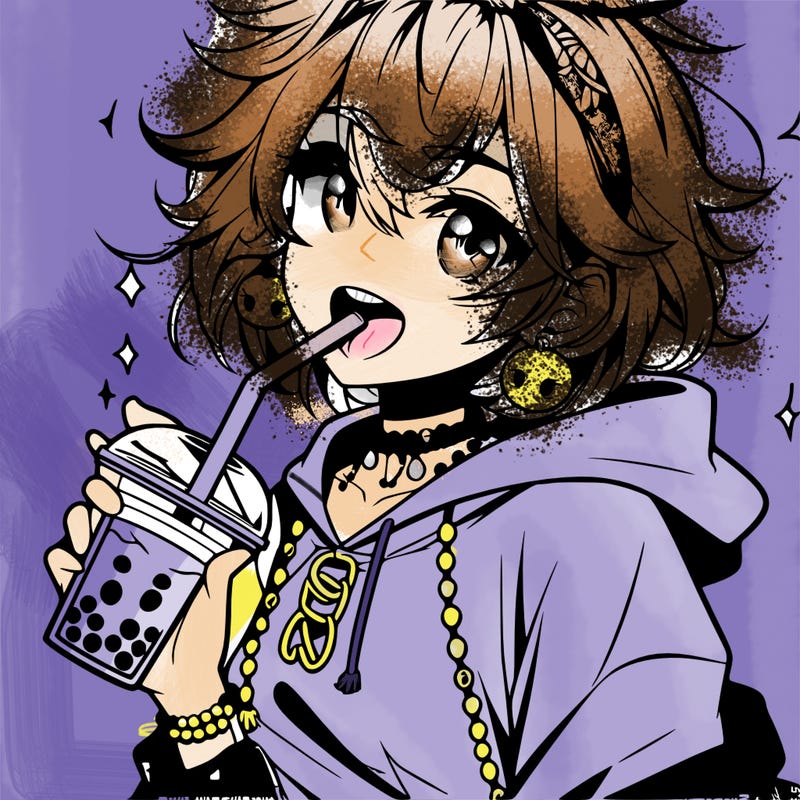 hot baddie anime girl drinking boba and biting the straw