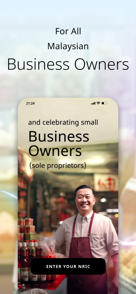 Apply@HLB - Apply HLB mobile app screen featuring Malaysian small business owners and sole proprietors with a button to enter NRIC.