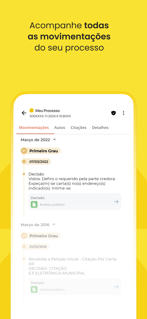 Consultar Processo - Escavador - Interfaz de la aplicación móvil que muestra una línea de tiempo cronológica de movimientos del proceso legal y decisiones judiciales en portugués