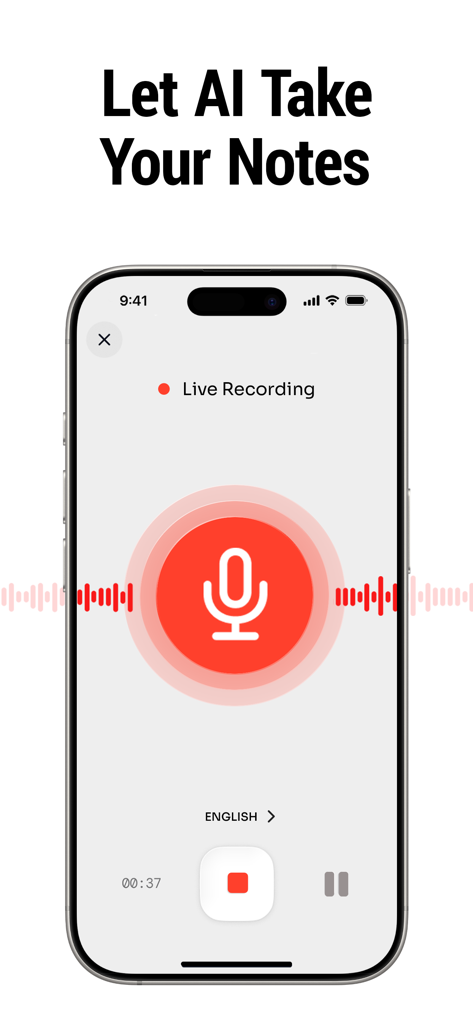 Benote app live recording screen with a microphone icon and audio waveforms