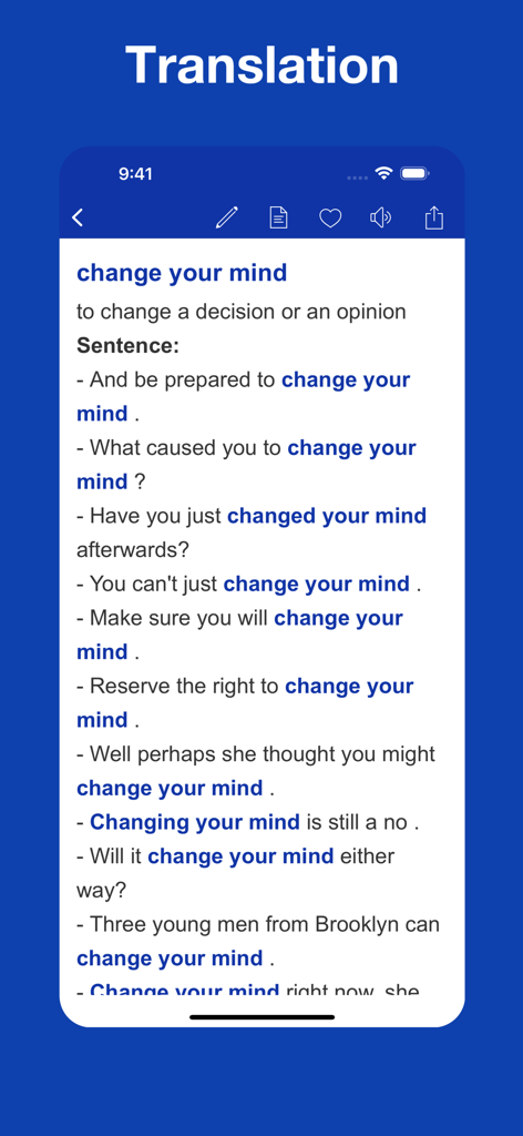 英語フレーズ「change your mind」の定義と複数の例文が表示されたモバイルアプリ画面。