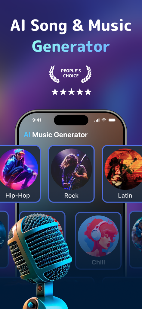 AI Song and Music Generator app interface showing music genre categories