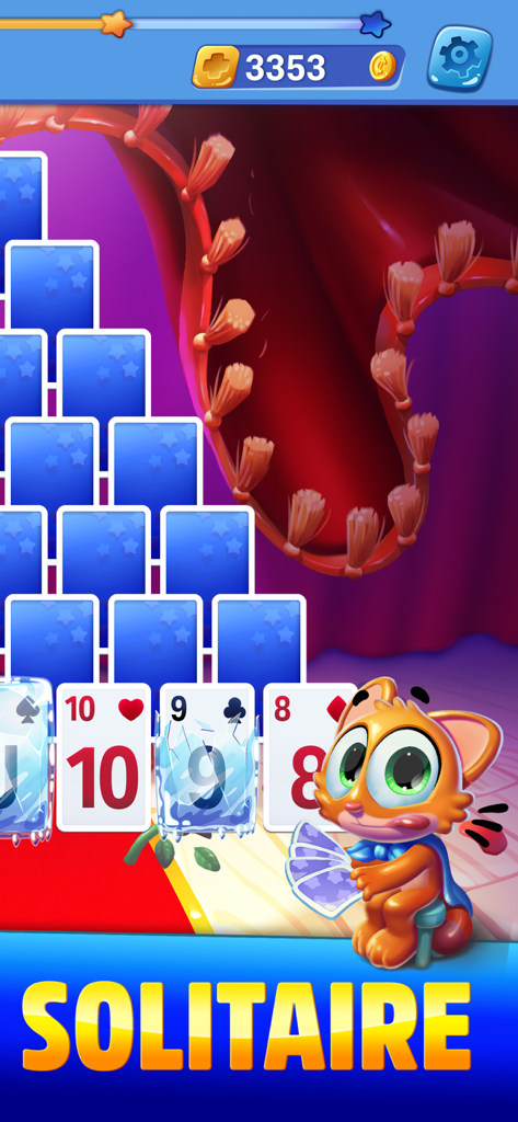 Solitaire Showtime - Gameplay of Solitaire Showtime card game featuring a cute cat character and Tri-Peaks level layout with frozen cards.