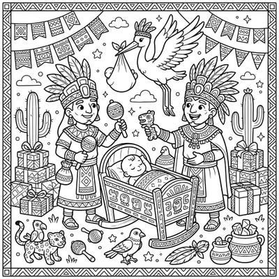 Welcome a new arrival with a cultural twist! This charming coloring page features Aztec priests celebrating a baby shower, surrounded by festive details and symbols of new life.