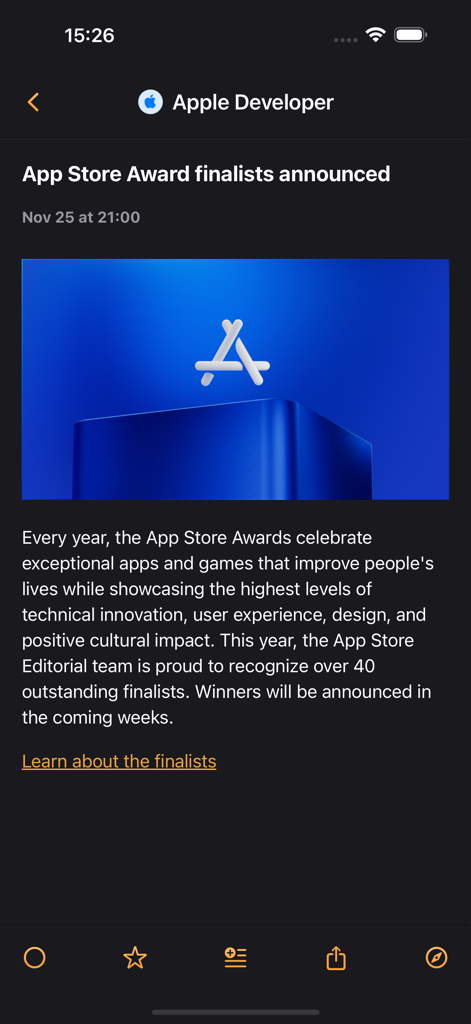 Feedero - Feedero RSS reader app showing a news article from Apple Developer about App Store Award finalists.