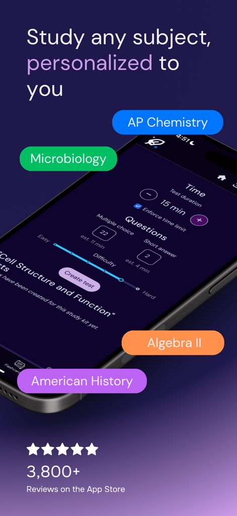 Die Thea-App-Oberfläche zeigt Einstellungen zur Erstellung benutzerdefinierter Tests für Fächer wie AP Chemistry und Mikrobiologie