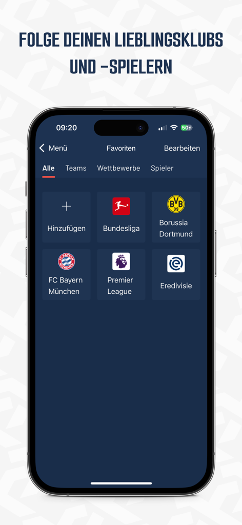 SPOX app interface for selecting and following favorite sports clubs and leagues