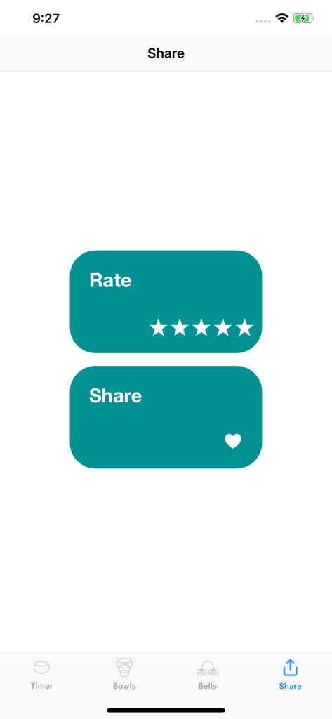 Share and rate screen of the Meditation Timer Plus app with teal colored buttons.