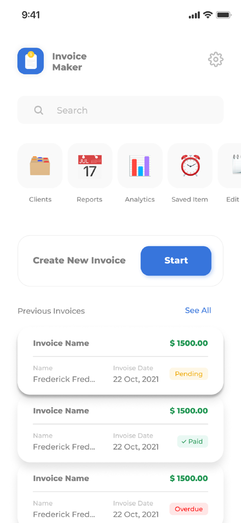 Mobile Übersicht einer Rechnungs-App, die Optionen für Kunden, Berichte und eine Liste früherer Rechnungen mit Zahlungsstatus wie 'ausstehend' und 'überfällig' anzeigt