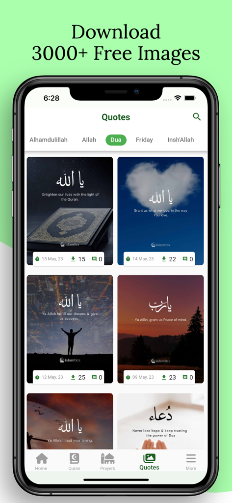 Islamtics: Quran, Qibla & Azan - Smartphone screen showing the Islamtics app with a collection of downloadable Islamic quotes and inspirational images