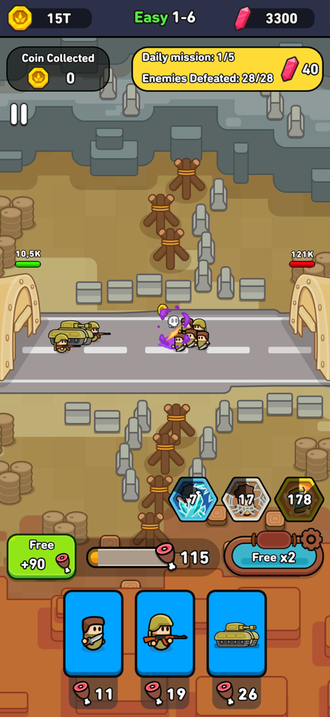 Eternal Empire: Warrior Eras - Gameplay screenshot of Eternal Empire Warrior Eras showing tanks and soldiers in a lane-based battle.