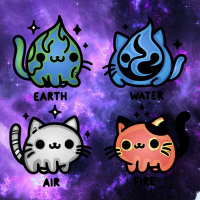 4 cats that represent the different elements, earth, water, air, and fire